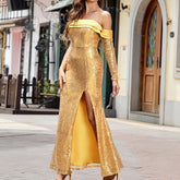 Yellow Elegant Off The Shoulder Sequin Dress