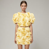 3D Floral Appliqué Puff-Sleeve Crop Top and Skirt Set - Chiccharm