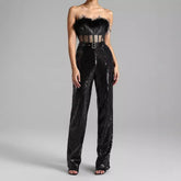 Feather Trim Sheer Leather Sequin Jumpsuit