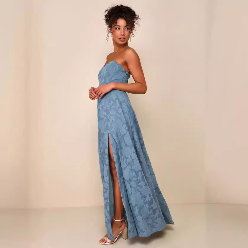 long strapless dress with front slit Embroidery Dress - Chiccharm