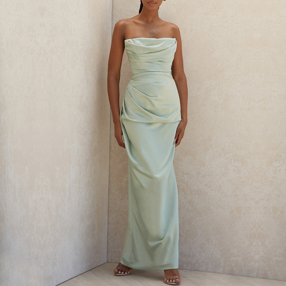 Draped Satin Gown with Side Split - Chiccharm Boutique