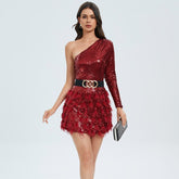 One-Shoulder Red Feather Sequin Dress - Chic Charm