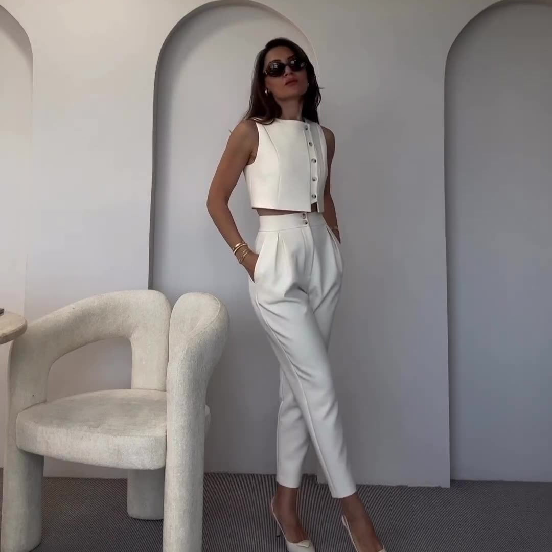 Asymmetrical Buttoned Crop Top Suit - Chiccharm