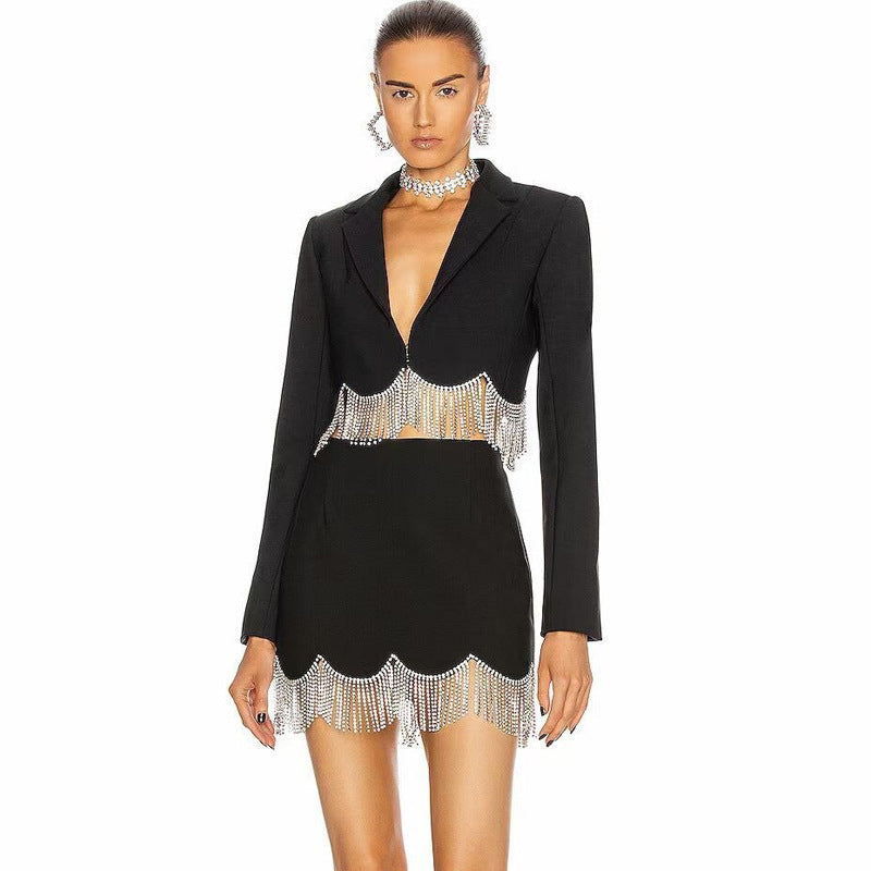 Tailored Blazer and Embellished Black Mini Skirt Suit for Women - Chiccharm