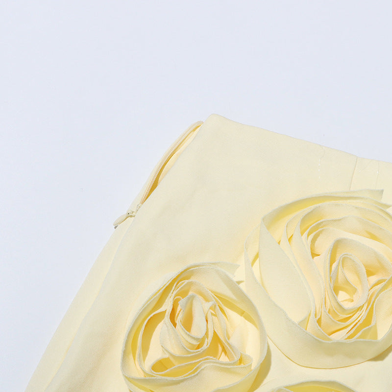 3D Floral Appliqué Puff-Sleeve Crop Top and Skirt Set - Chiccharm