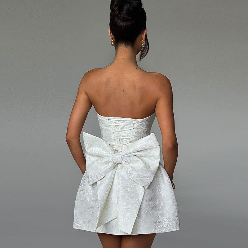 Jacquard White Mini Dress Strapless with Bow Detail - Chiccharm