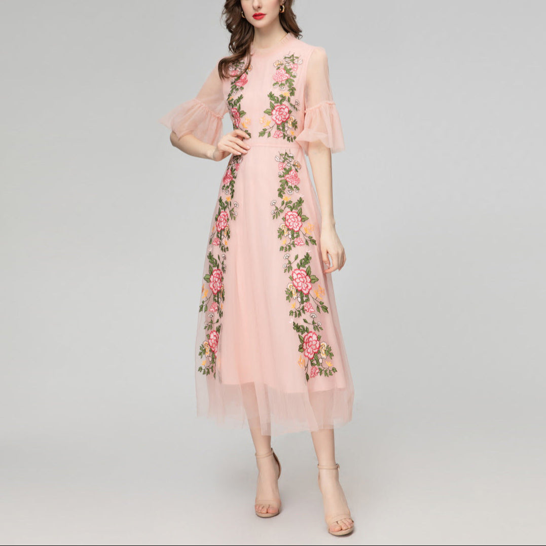 Blush Pink Embroidered Floral Midi Dress - Chiccharm