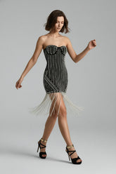 Black strapless mini dress with long white pearl fringe tassels, 1920s Gatsby style party wear UK - Chiccharm Boutique.