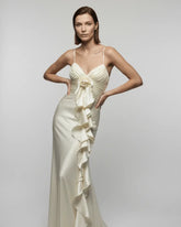 Ivory satin maxi dress with 3D flower rosette and cascading ruffle, luxury summer resort wear and party dress UK - Chiccharm Boutique.