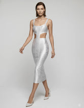 Silver Metallic Ribbed Cut-Out Bodycon Midi Dress