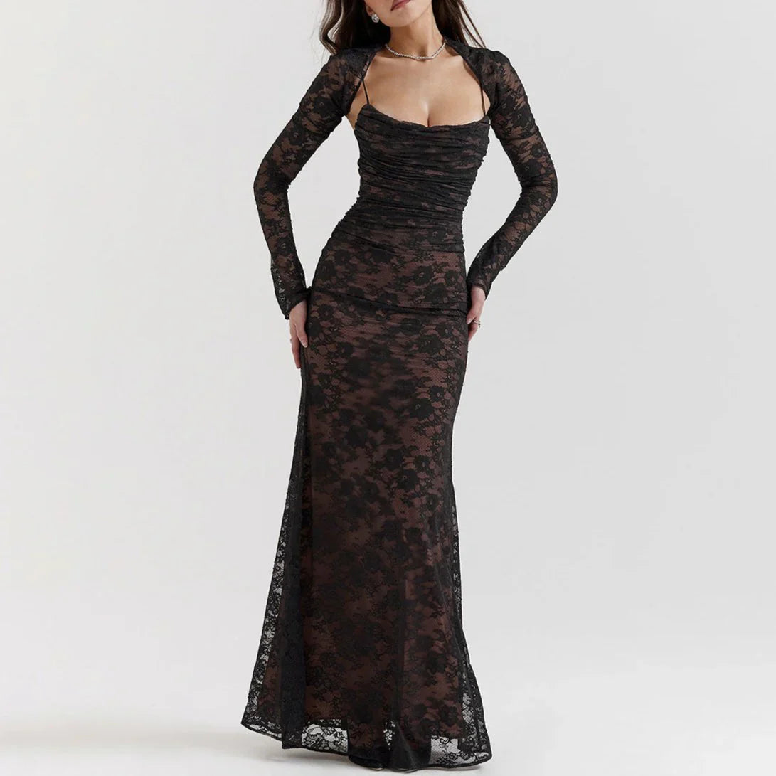 Black Lace Maxi Dress With Sleeves - Chic Charm