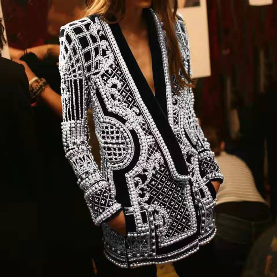 black blazer dress with pearls