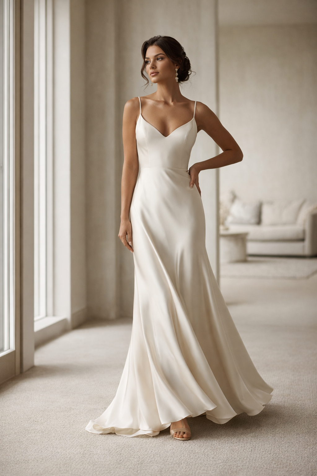 Woman examining the fabric and stitching of a high quality dress, highlighting craftsmanship at Chiccharm Boutique