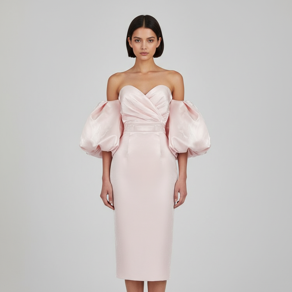 Elegant young woman in a chic neutral-tone midi dress, standing confidently in a softly lit, luxurious indoor setting, captured with a professional camera