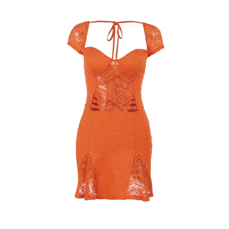 Orange Lace Bodycon Party Dress
