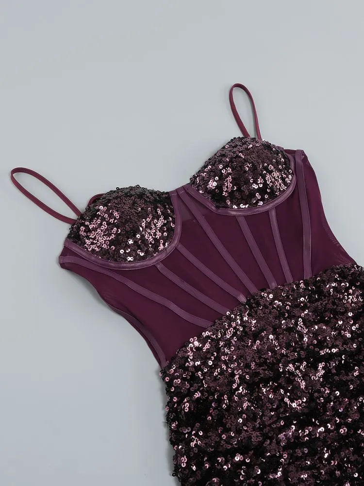 Close up detail of sheer mesh corset bodice with structure boning and heavy plum sequin embellishment - Chiccharm Boutique.