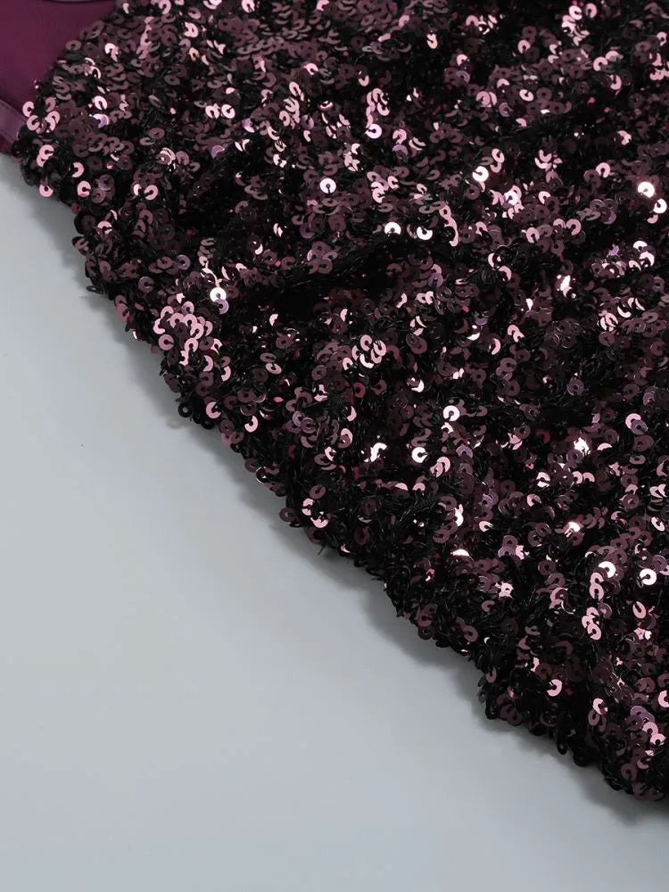 Macro shot of high-quality purple sequin fabric texture on mesh overlay, luxury party dress material details.