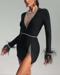 Midnight Spark Feathered Rhinestone Mini Dress