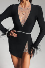 Midnight Spark Feathered Rhinestone Mini Dress