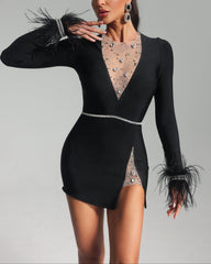 Midnight Spark Feathered Rhinestone Mini Dress