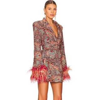 Floral Majesty Feathered Blazer Dress