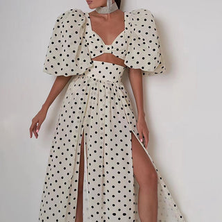 Square-neck Puff Sleeve Polka Dot Dress Suit - Chiccharm