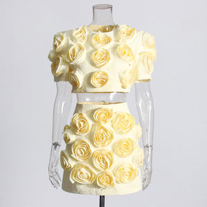 3D Floral Appliqué Mini Dress Puff-Sleeve Crop Top and Skirt Set - Chiccharm