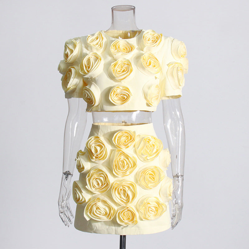 3D Floral Appliqué Mini Dress Puff-Sleeve Crop Top and Skirt Set - Chiccharm