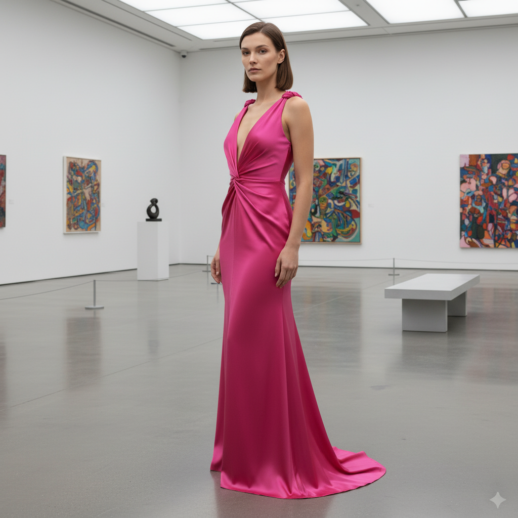 Woman in a pink gown standing in an art gallery
