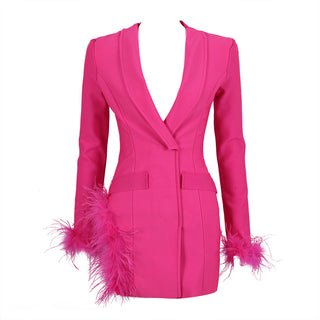 Feather Trim Long Sleeve Blazer Dress