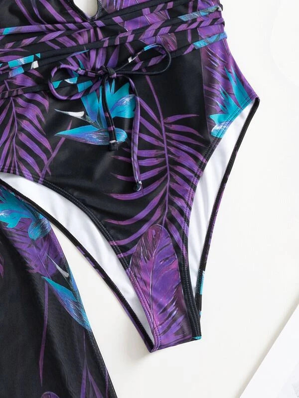 Tropical Deep V One-Piece with Sheer Maxi Cover-Up