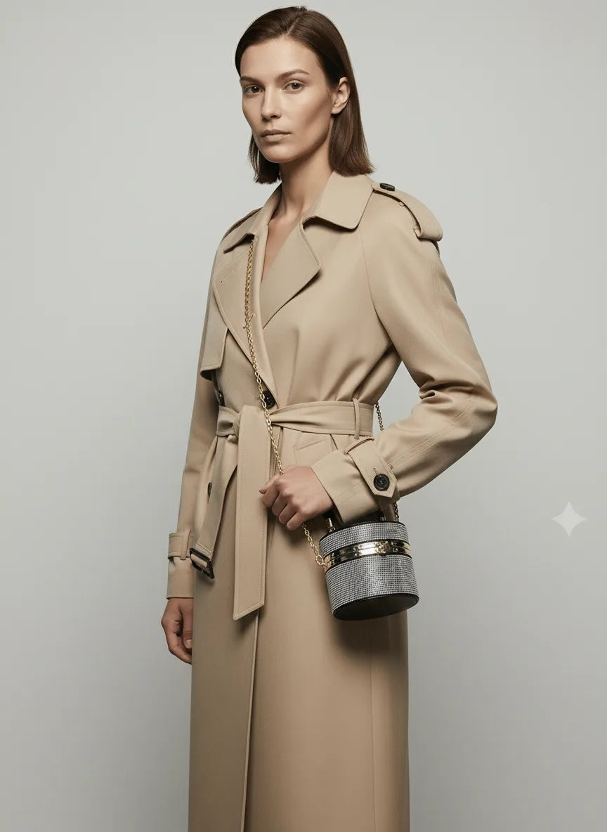 Woman wearing a beige trench coat holding a handbag against a plain background
