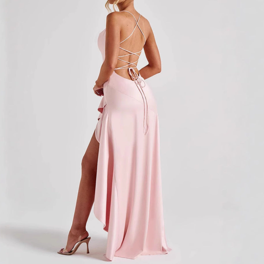 Ruffled Slit Skirt Evening Dress