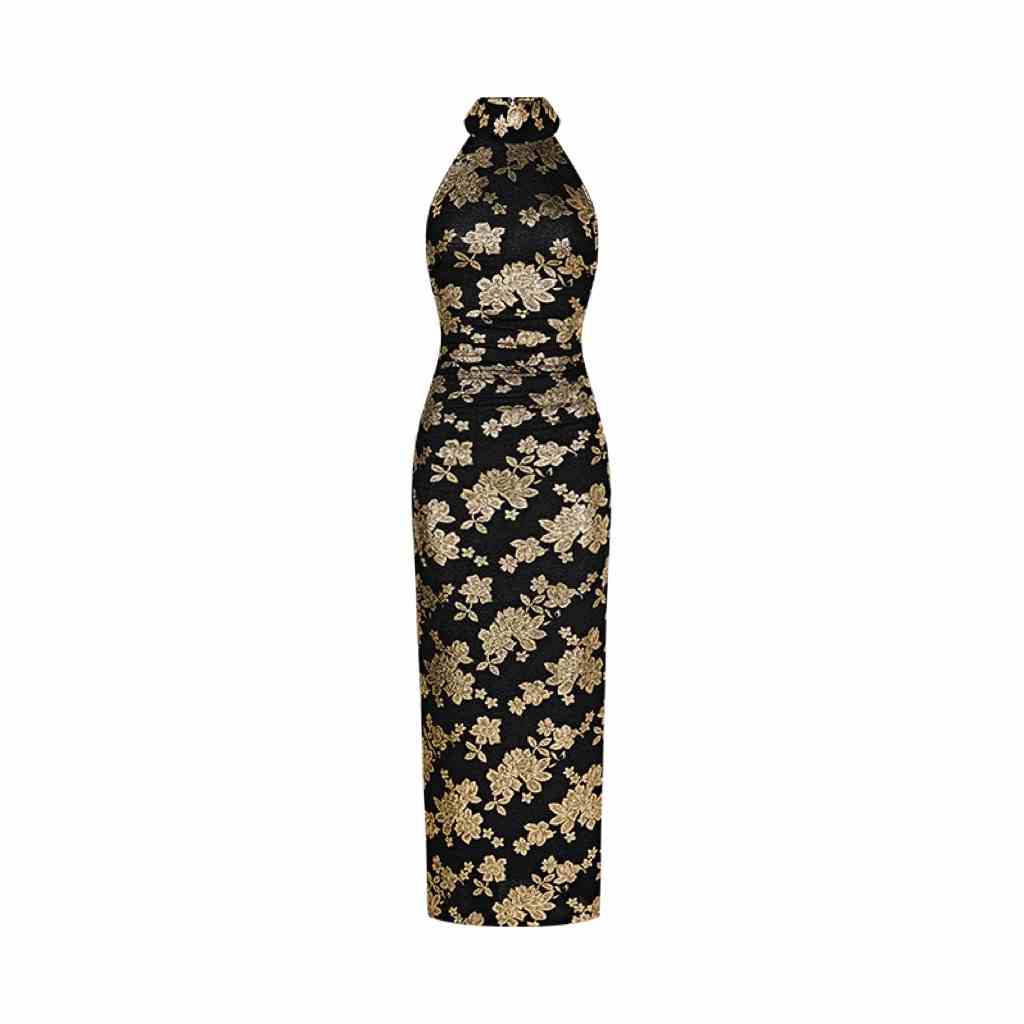 Black dress with gold floral pattern on a white background