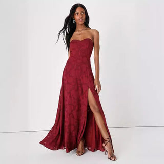 Strapless Embroidery Dress with Front Slit - Chiccharm