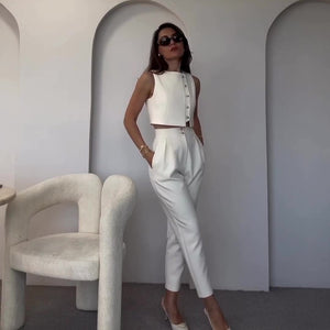 Asymmetrical Buttoned Crop Top Suit - Chiccharm