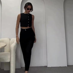 Asymmetrical Buttoned Crop Top Suit - Chiccharm