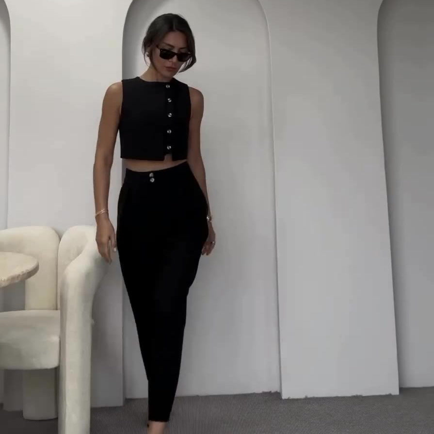 Asymmetrical Buttoned Crop Top Suit - Chiccharm