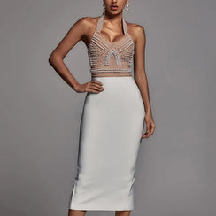 Backless Embellished Crop Top and Sleek Pencil Skirt Set - Chiccharm