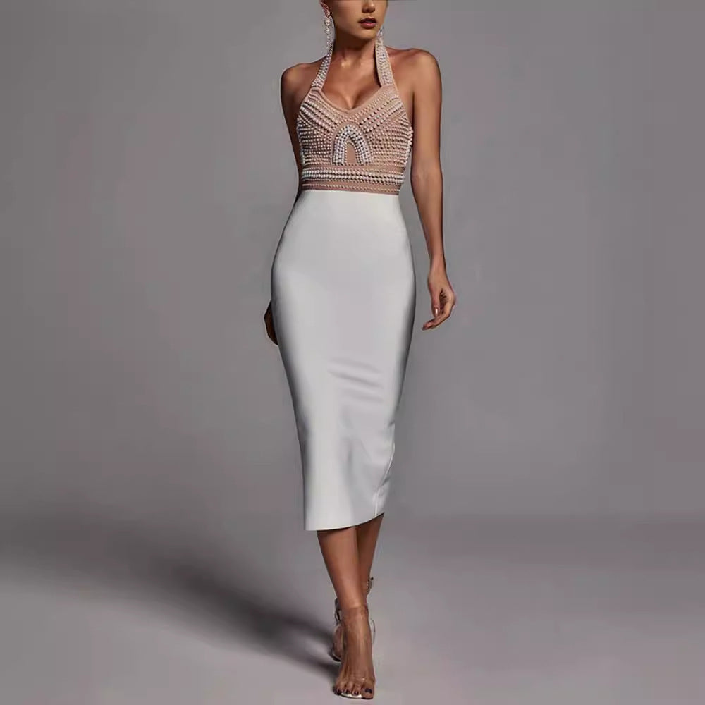 Backless Embellished Crop Top and Sleek Pencil Skirt Set - Chiccharm