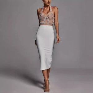 Backless Embellished Crop Top and Sleek Pencil Skirt Set - Chiccharm