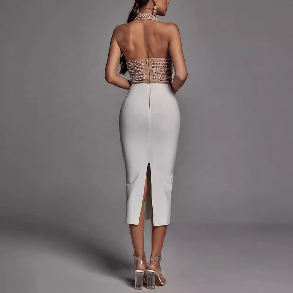 Backless Embellished Crop Top and Sleek Pencil Skirt Set - Chiccharm