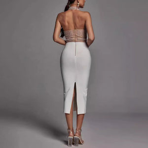 Backless Embellished Crop Top and Sleek Pencil Skirt Set - Chiccharm