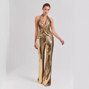 Backless Gold Sequined Jumpsuit - Chiccharm Boutique