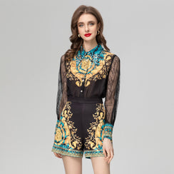 Baroque Print Long Sleeve Top Shorts Suit | Chic Statement Set - Chiccharm Boutique