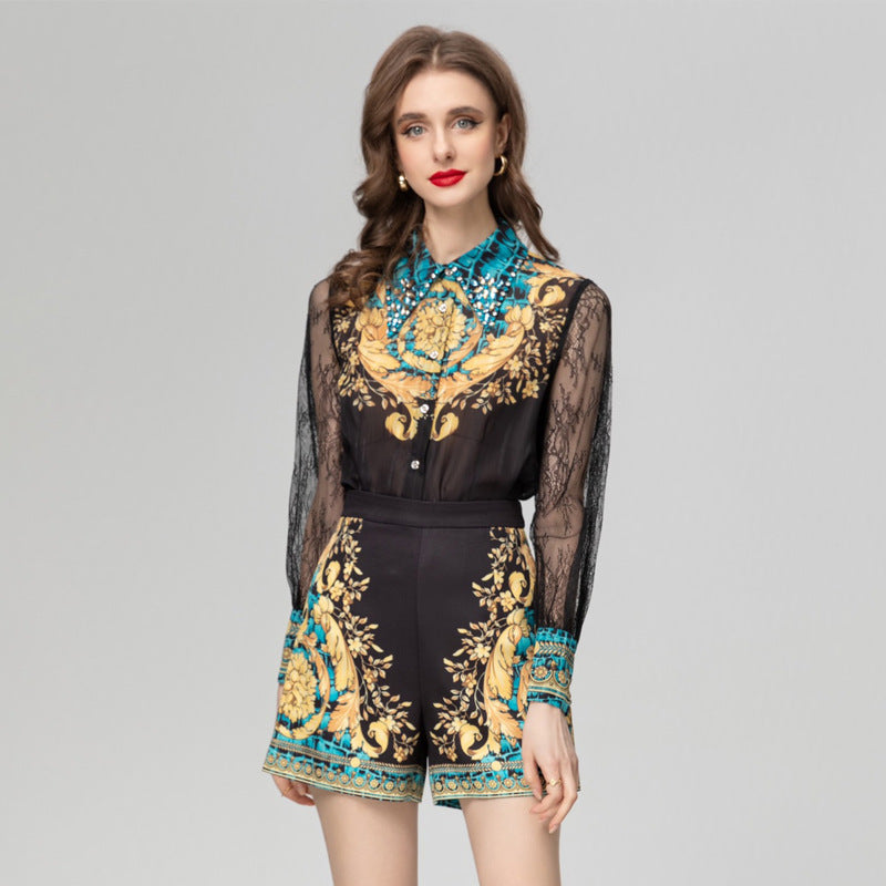 Baroque Print Long Sleeve Top Shorts Suit | Chic Statement Set - Chiccharm Boutique