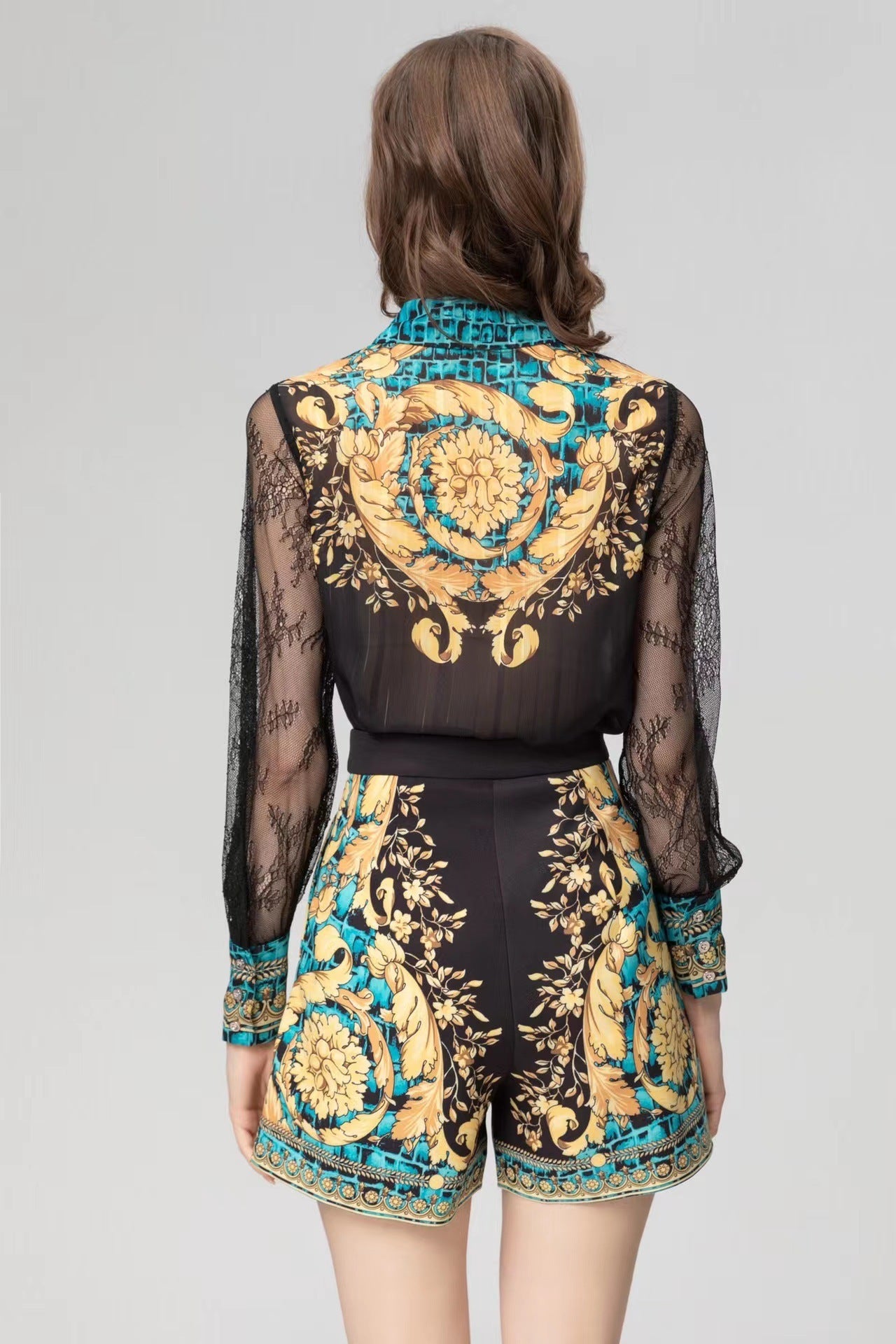 Baroque Print Long Sleeve Top Shorts Suit | Chic Statement Set - Chiccharm Boutique