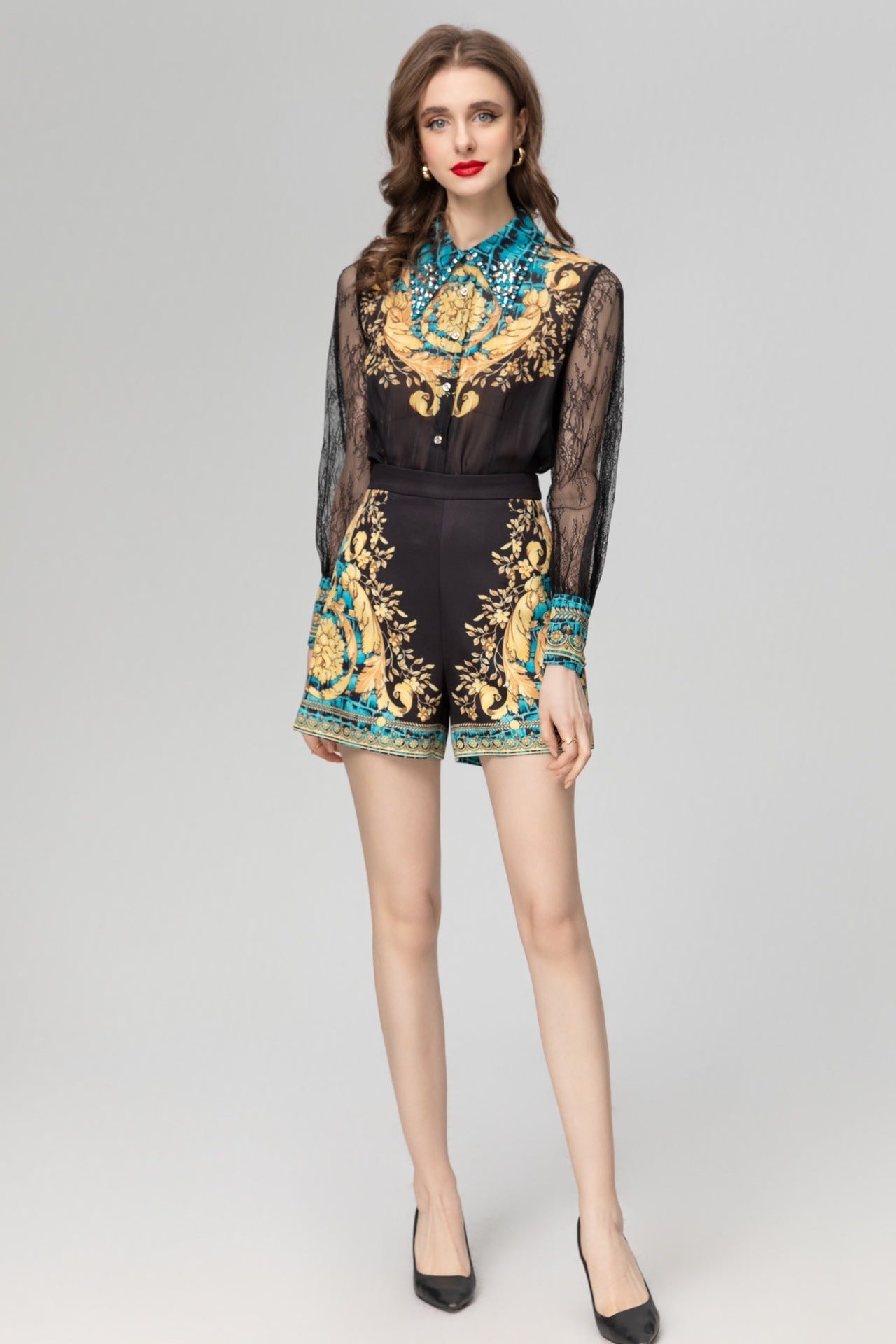 Baroque Print Long Sleeve Top Shorts Suit | Chic Statement Set - Chiccharm Boutique