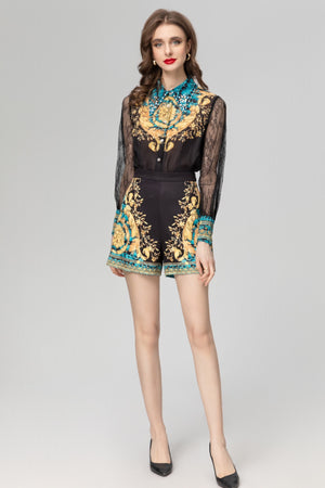 Baroque Print Long Sleeve Top Shorts Suit | Chic Statement Set - Chiccharm Boutique