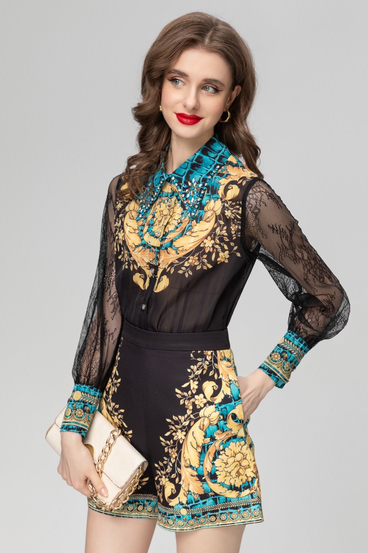 Baroque Print Long Sleeve Top Shorts Suit  - Chiccharm